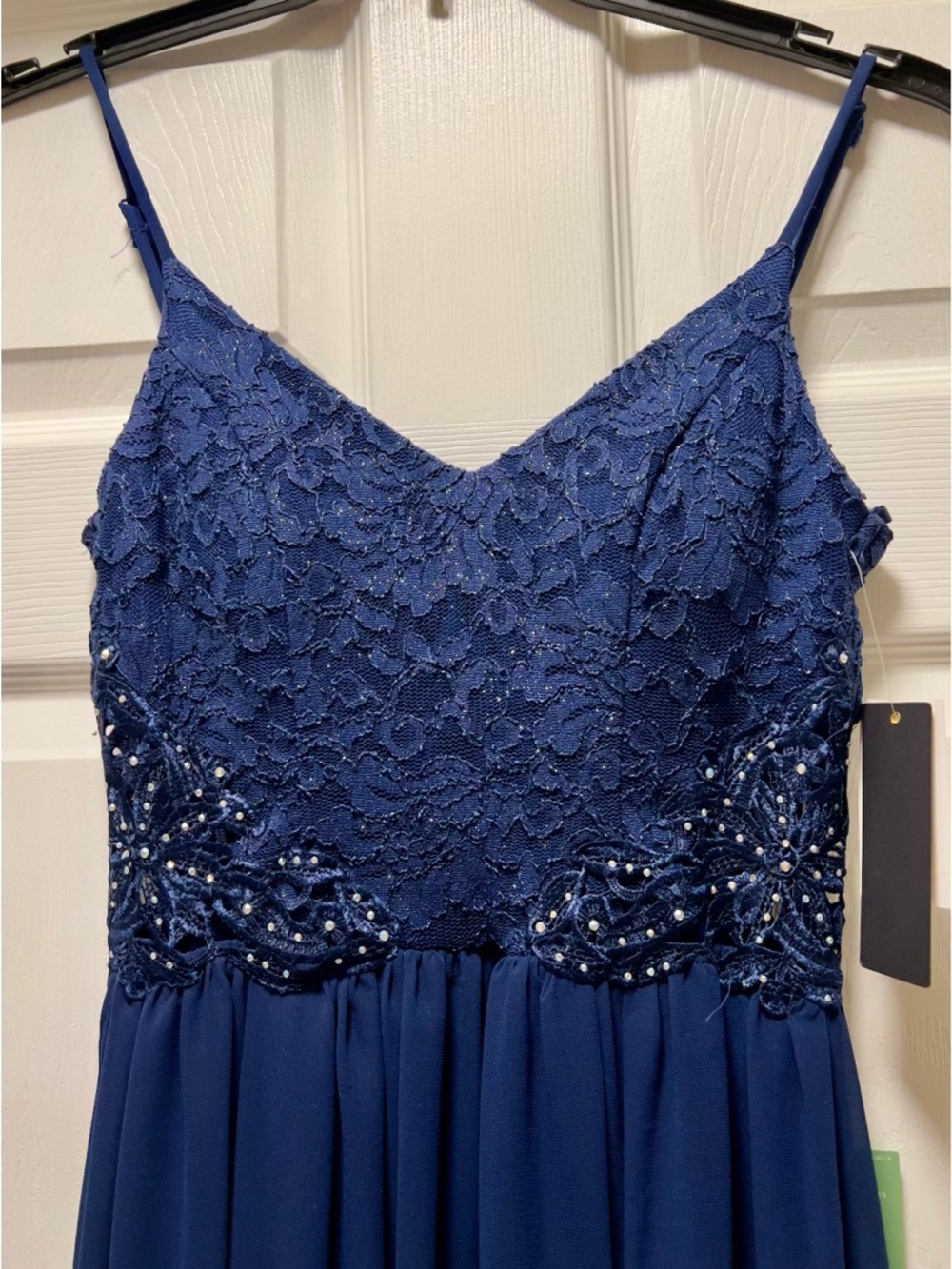 Navy Lace and Pearl Embellished
Spaghetti Strap Evening Gown